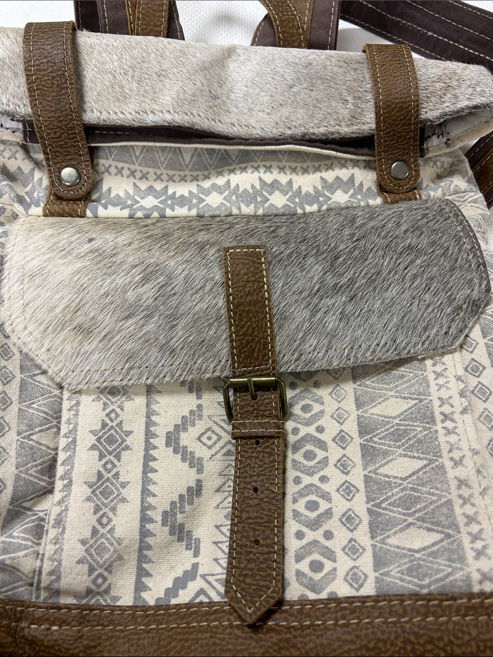 NWOT Myra Bag Cream and Brown Patterned Backpack with Fur Trim image 2